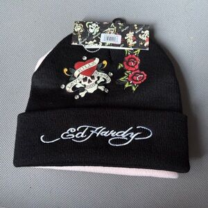 Y2k Ed Hardy Black And Pink Beanie Set New